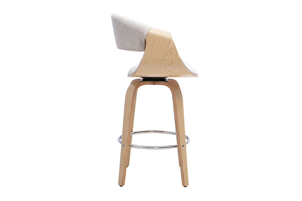 Taburete de bar ARAMIS en tejido beige, vista de perfil con patas de madera clara y reposapi�s de acero cromado.