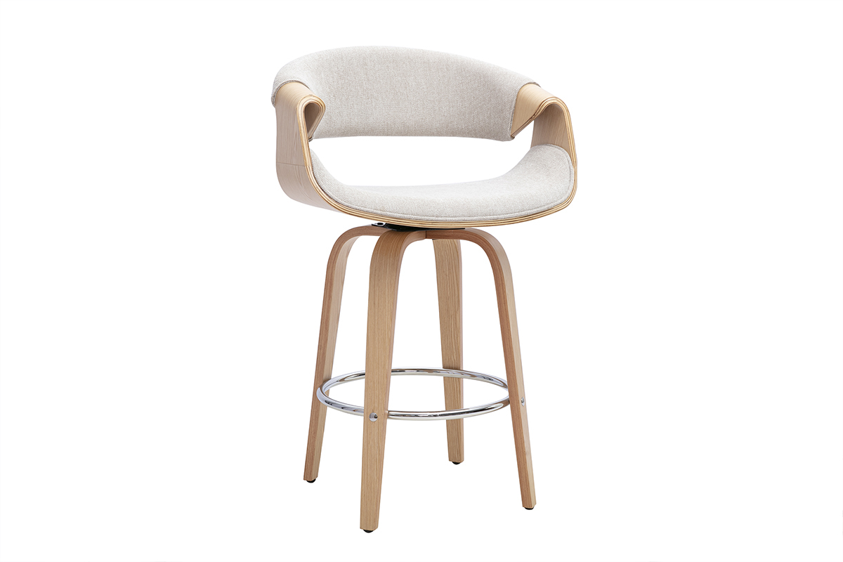 Taburete de bar de dise�o en tejido beige con respaldo, patas de madera clara y reposapi�s de acero cromado