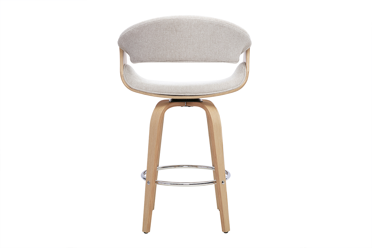 Taburete de bar ARAMIS en tejido beige, vista trasera, patas de madera clara y reposapi�s de acero cromado.