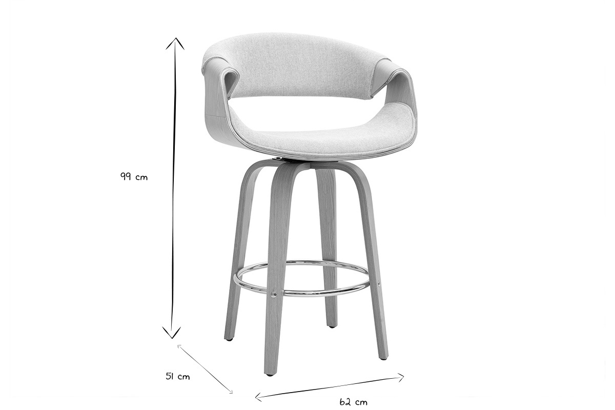 Dimensiones del taburete de bar ARAMIS en blanco y negro: H99 cm, D51 cm, L62 cm.