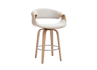 Taburete de bar de dise&ntilde;o en tejido efecto terciopelo texturizado beige, madera clara y acero cromado H68 cm ARAMIS