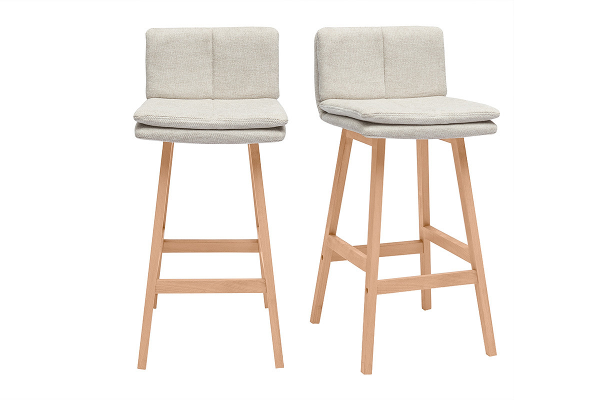 Taburete de bar de tela beige con efecto terciopelo texturizado y madera (juego de 2) JOAN