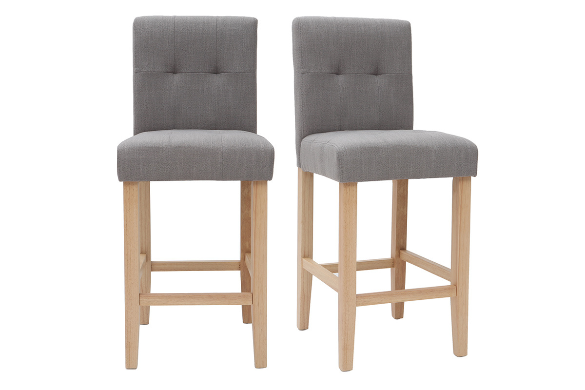 Taburete de bar diseo capiton gris claro y madera 65cm lote de 2 ESTER