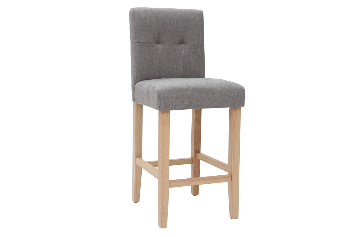 Taburete de bar diseo capiton gris claro y madera 65cm lote de 2 ESTER