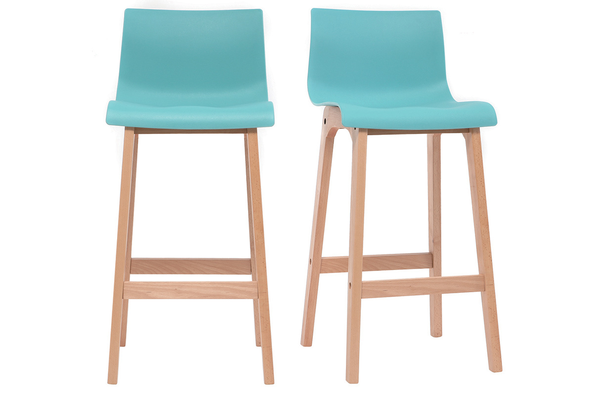Taburete de bar diseo madera y azul petrleo 65cm lote de 2 NEW SURF