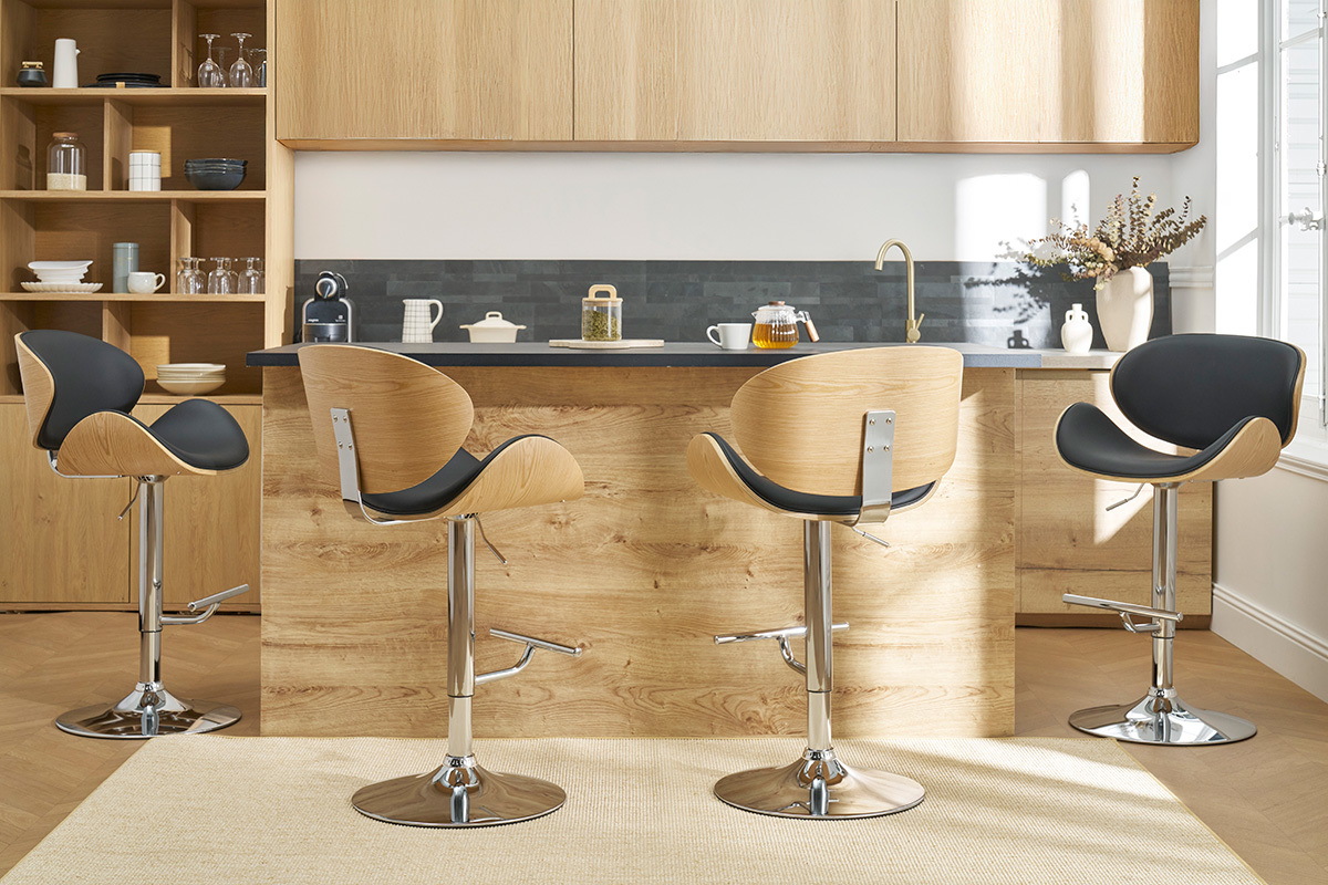 Taburete de bar diseo negro y madera clara WALNUT