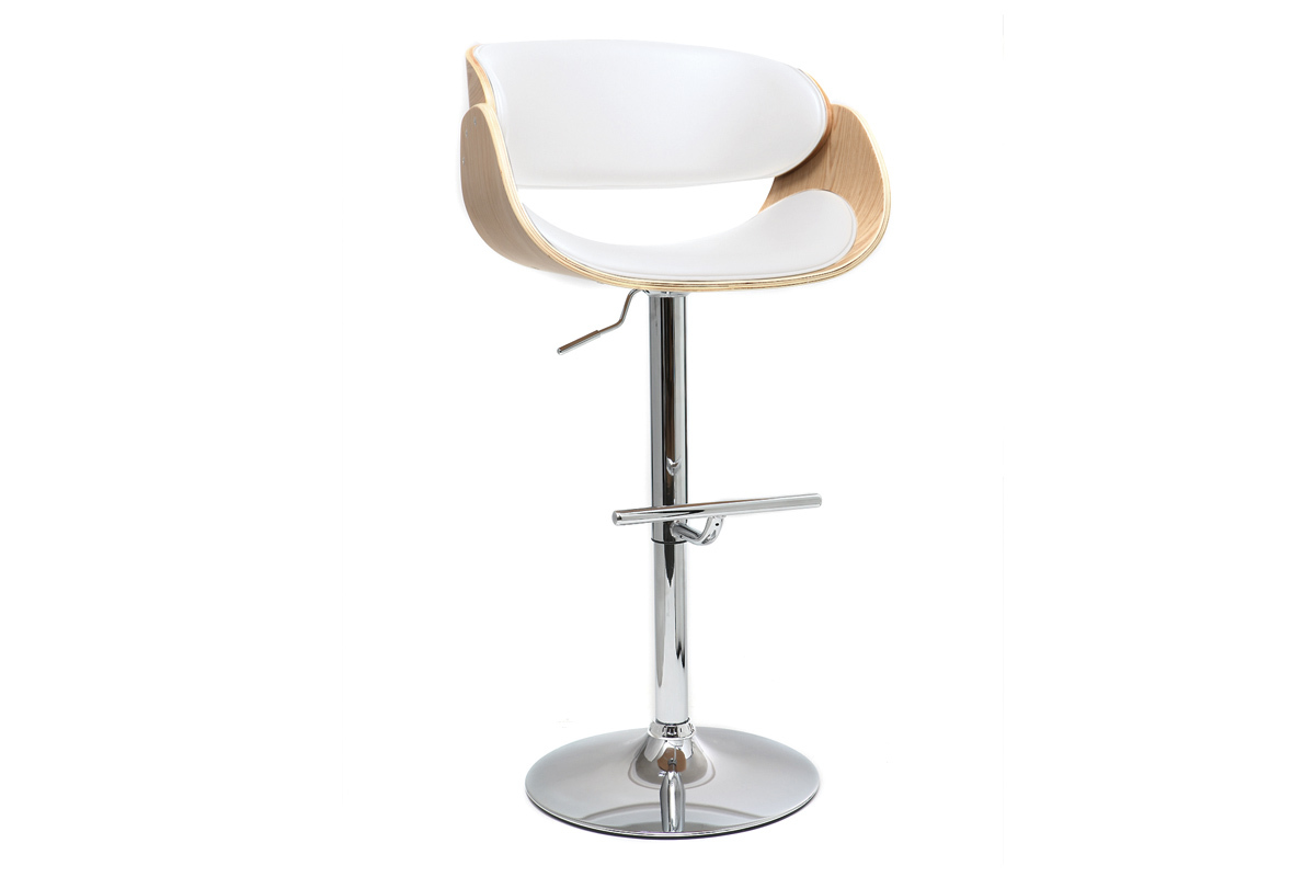 Taburete de bar dise�o regulable blanco y madera clara BENT