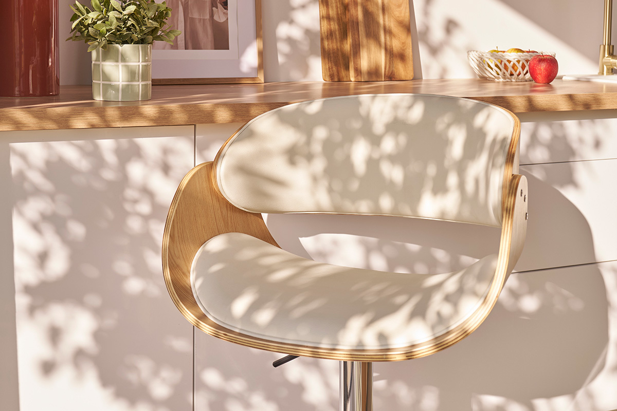 Taburete de bar dise�o regulable blanco y madera clara BENT