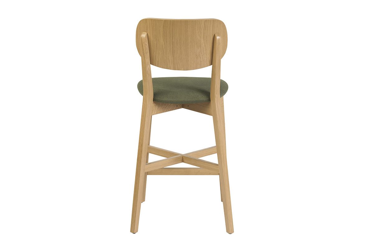 Taburete de bar LUCIA en madera clara y tejido verde caqui, vista trasera, altura 65 cm.