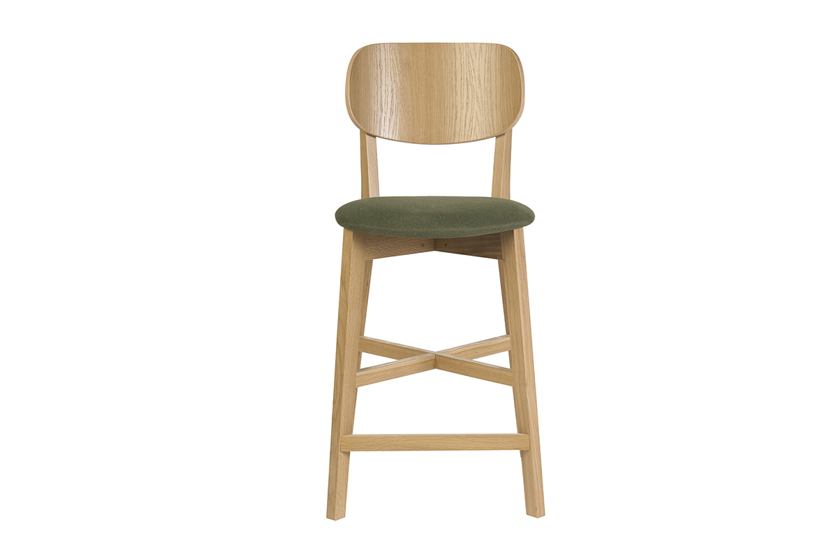 Taburete de bar de madera clara y tela verde caqui, vista frontal, altura 65 cm, estilo moderno.