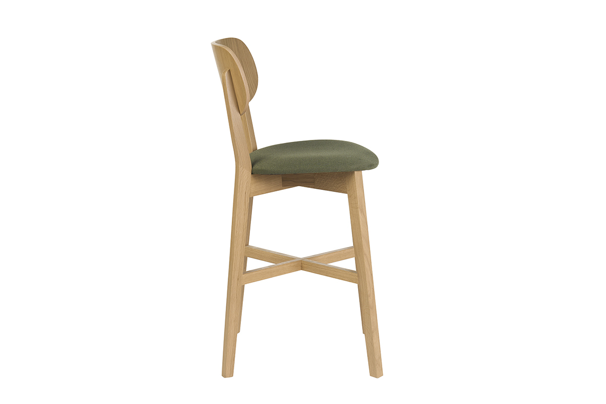 Taburete de bar H65 cm de madera clara roble y tejido verde caqui, vista de perfil.
