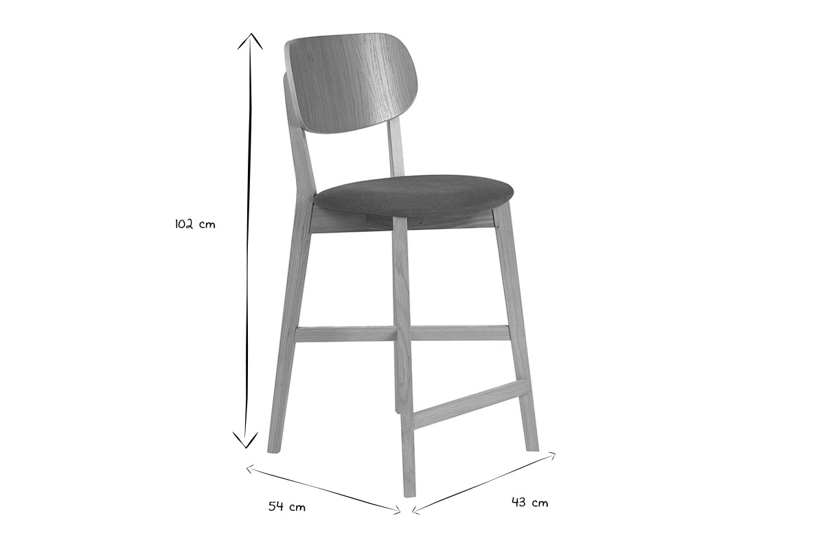 Dimensiones del taburete de bar LUCIA en blanco y negro, altura 102 cm, anchura 54 cm, profundidad 43 cm.