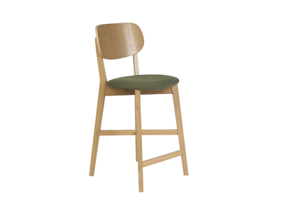 Taburete de bar en madera clara roble y tejido efecto terciopelo texturizado verde caqui H65 cm LUCIA