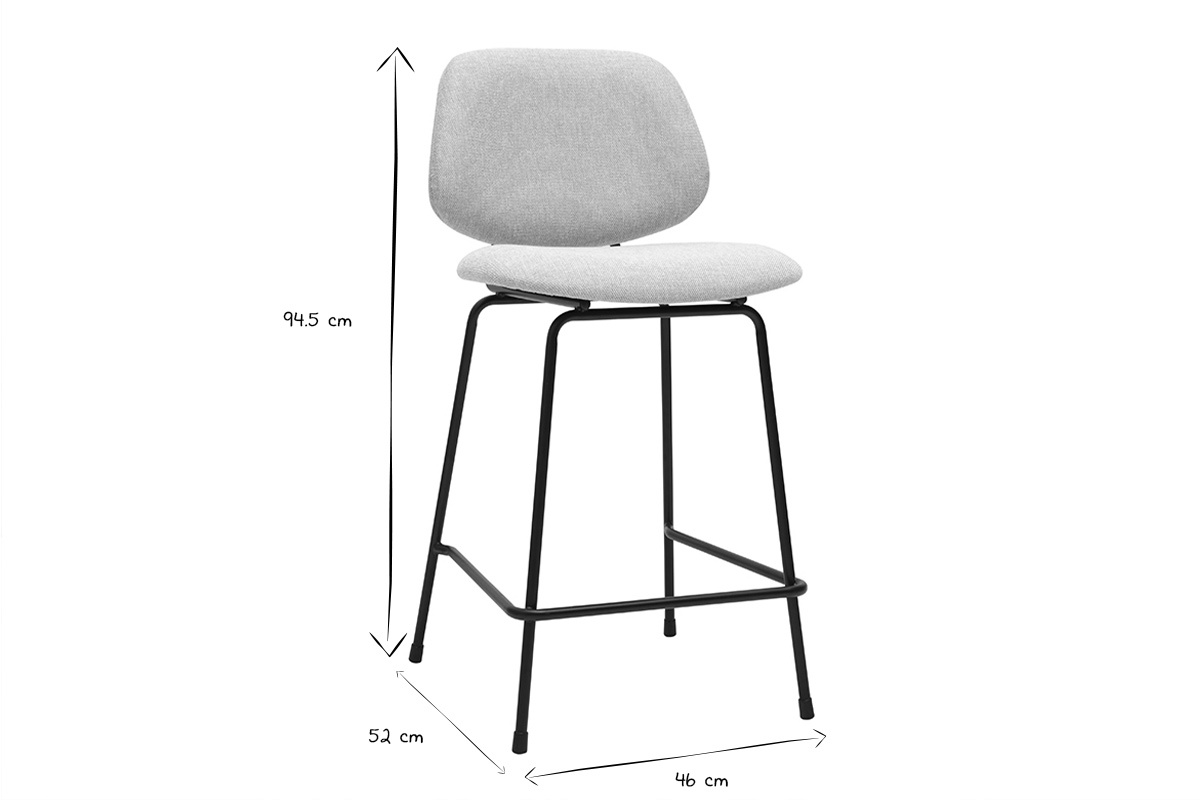 Dimensiones del taburete de bar en negro y blanco, H94,5 cm, L46 cm, P52 cm.