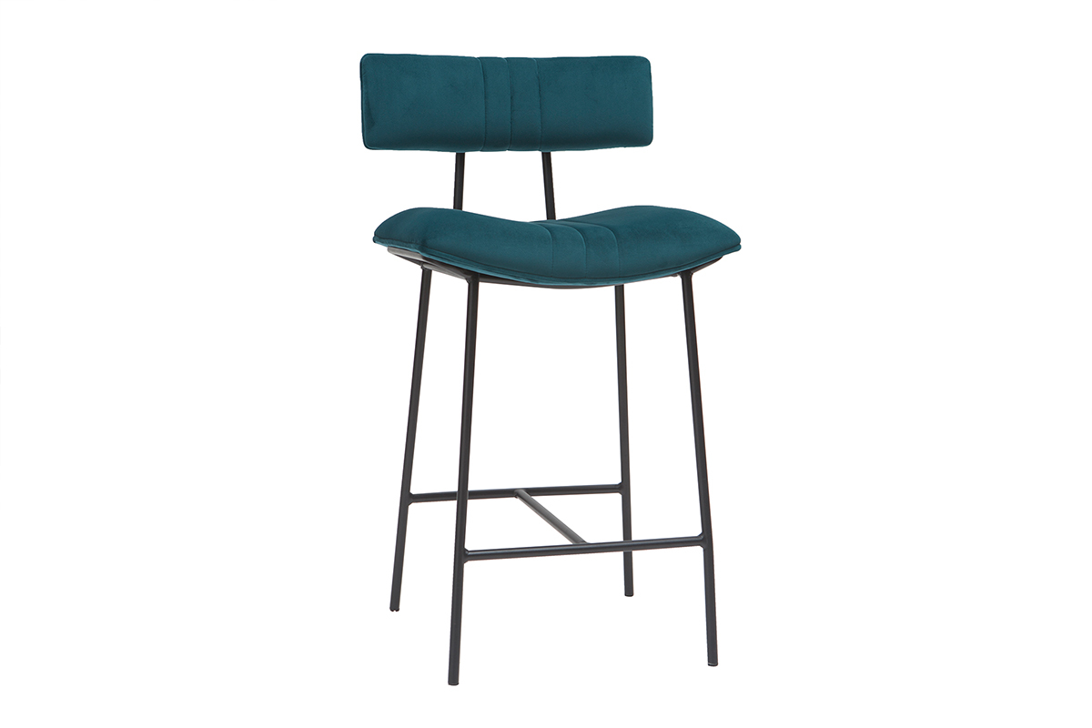 Taburete de bar en terciopelo azul petrleo y metal A65 cm GOTHAM