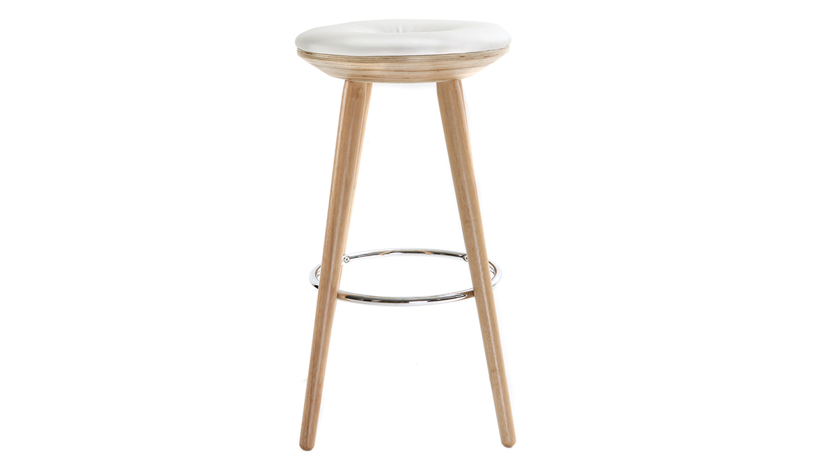 Taburete de bar escandinavo 65cm PU blanco patas madera clara NORDECO