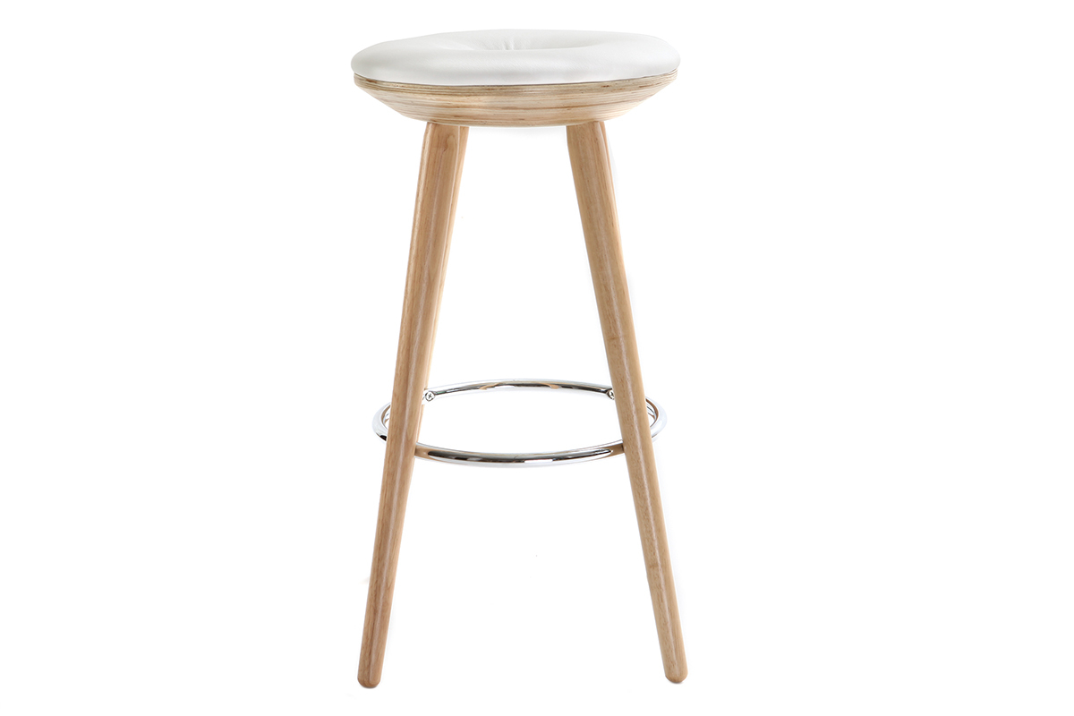 Taburete de bar escandinavo 65cm PU blanco patas madera clara NORDECO