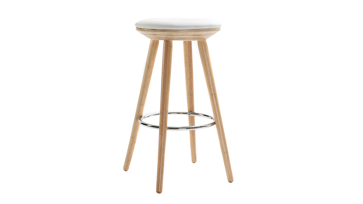 Taburete de bar escandinavo 65cm PU blanco patas madera clara NORDECO