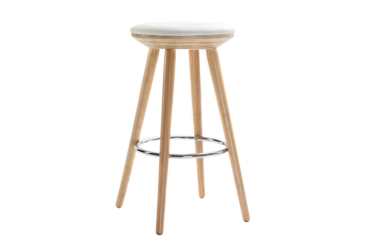 Taburete de bar escandinavo 65cm PU blanco patas madera clara NORDECO
