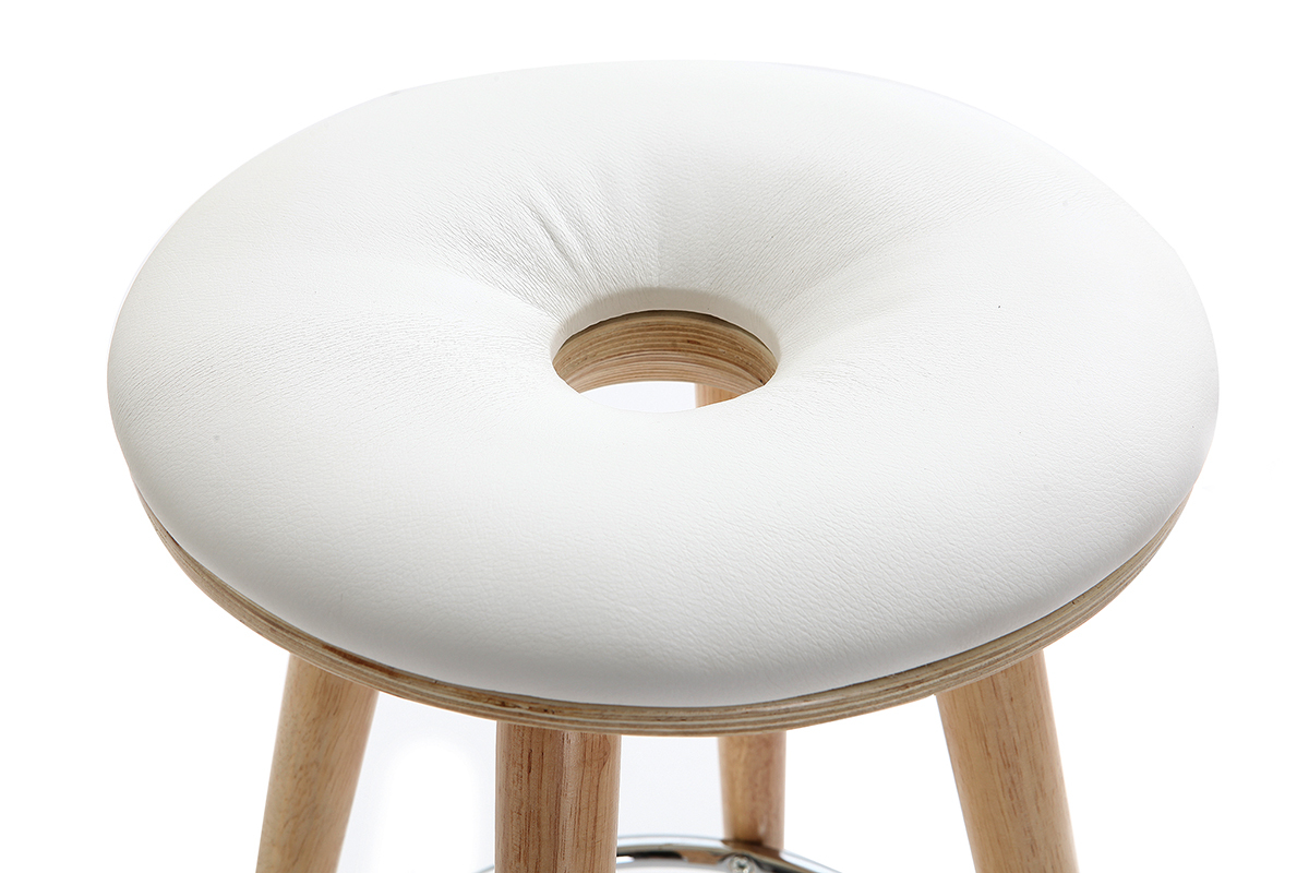 Taburete de bar escandinavo 65cm PU blanco patas madera clara NORDECO