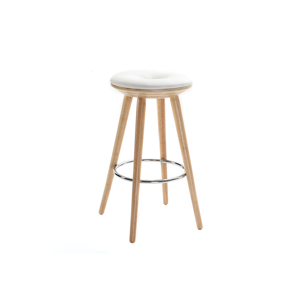 Taburete de bar escandinavo 65cm PU blanco patas madera clara NORDECO