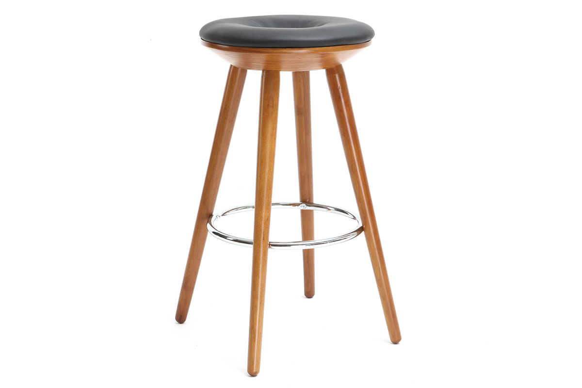 Taburete de bar escandinavo 65cm PU negro patas nogal NORDECO