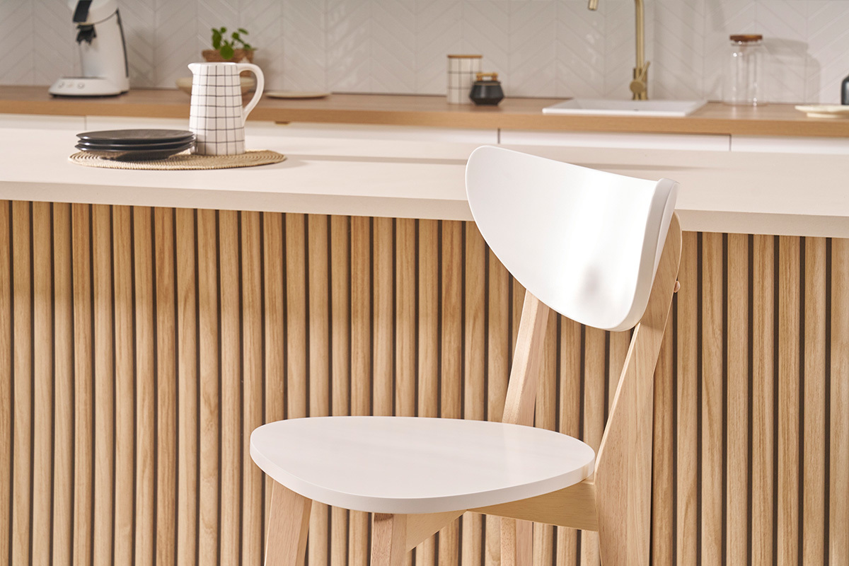 Taburete de bar escandinavo blanco y madera 75cm lote de 2 LEENA