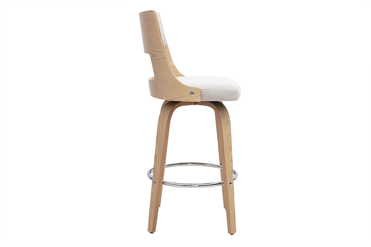 Taburete de bar escandinavo beige, vista de perfil, con base de madera clara y coj�n de tela con efecto terciopelo.