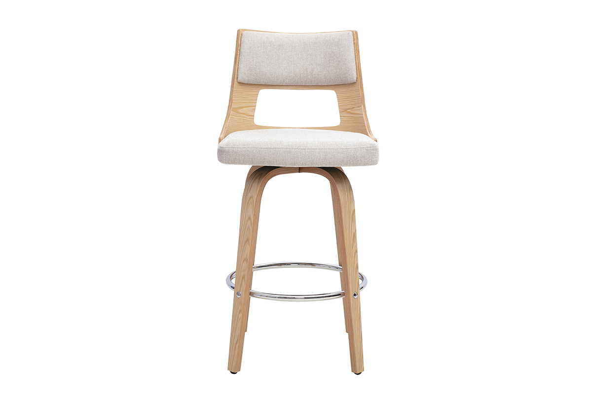 Taburete de bar escandinavo giratorio en tejido beige y madera clara, vista frontal.