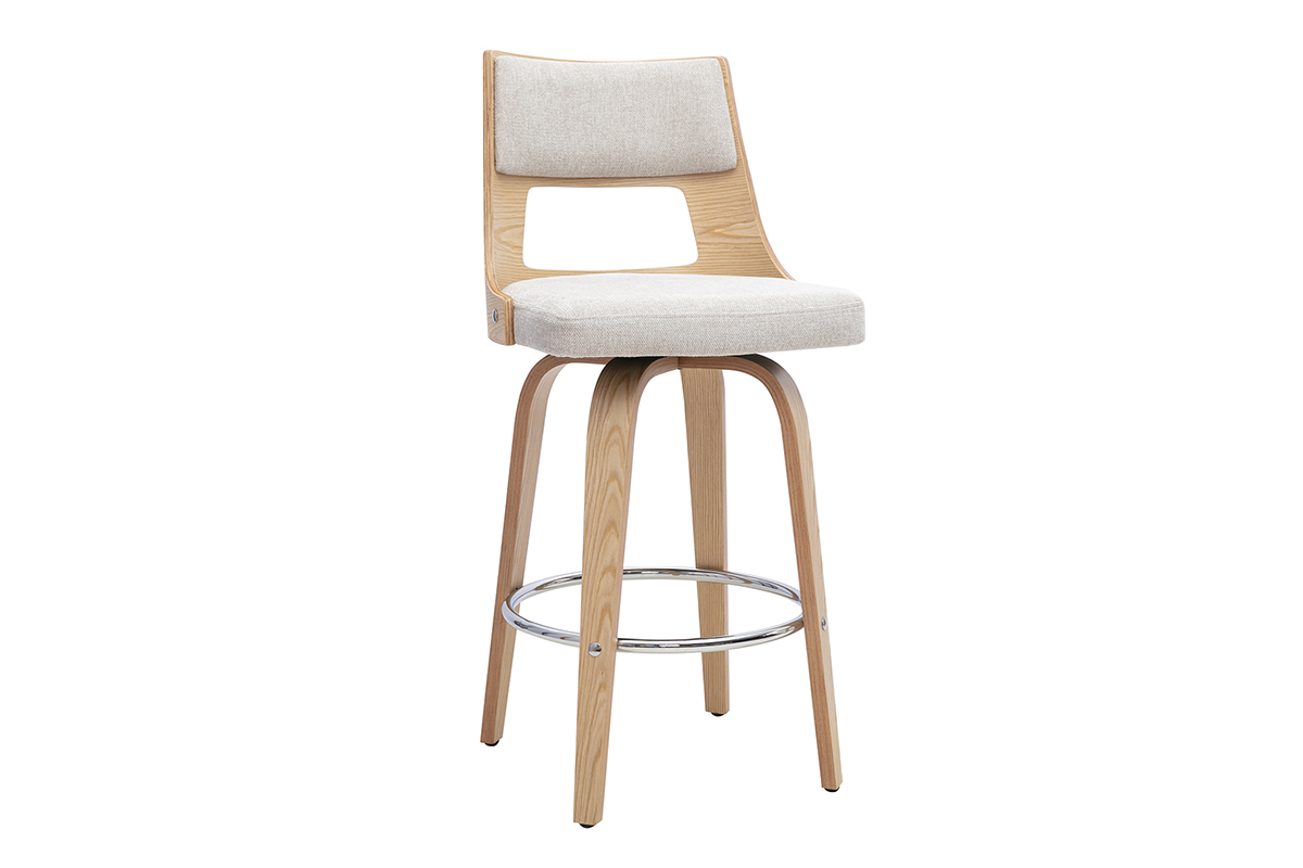Taburete de bar escandinavo giratorio en tejido beige y madera clara, vista en 3/4.