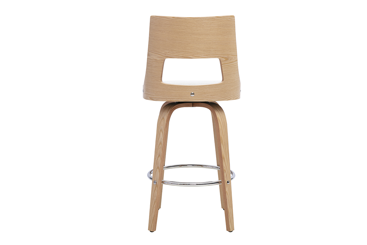 Taburete de bar escandinavo giratorio, vista trasera, en tela beige y madera clara.