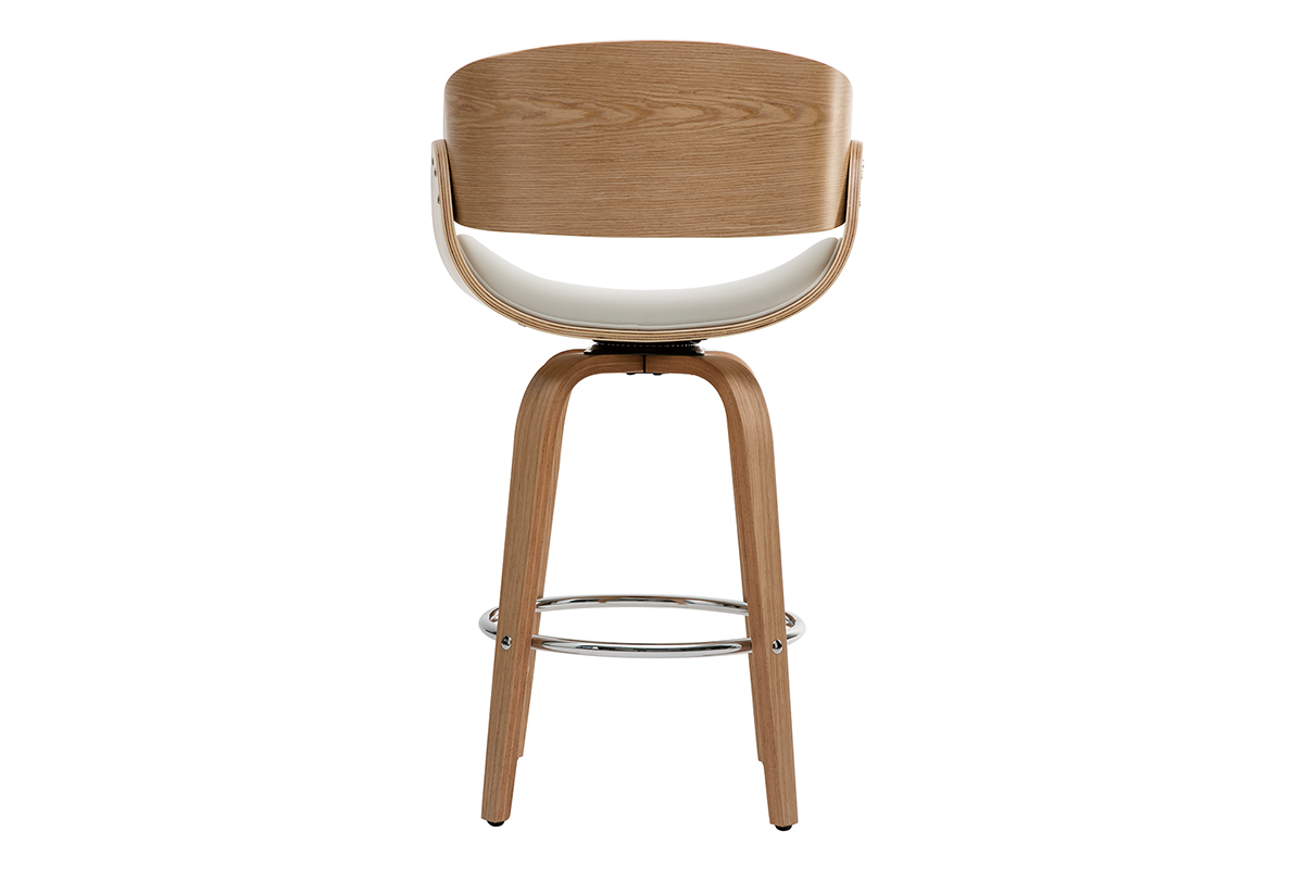 Taburete de bar BENT, vista trasera, madera clara y asiento blanco, patas de madera con reposapi�s cromado.