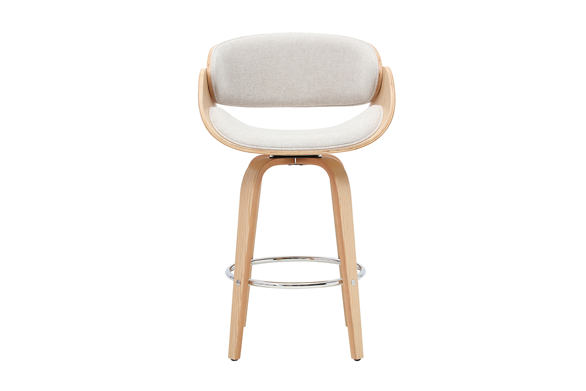 Taburete de bar giratorio en tela beige y madera clara, vista frontal.