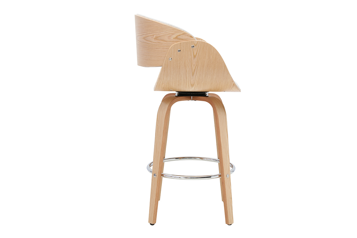 Taburete de bar giratorio en tejido beige, vista de perfil, base de madera clara y reposapi�s de metal cromado.