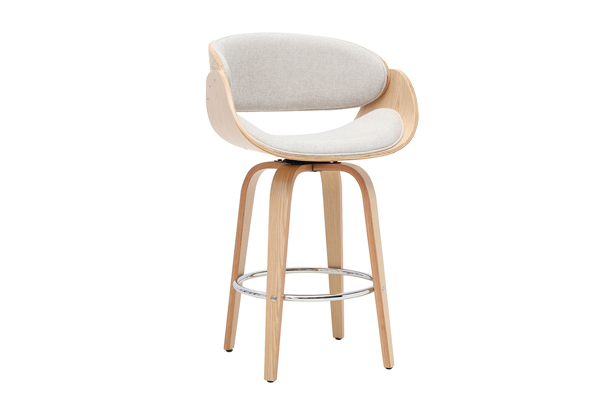 Taburete de bar giratorio beige en tejido con efecto terciopelo, patas de madera clara, vista de 3/4.