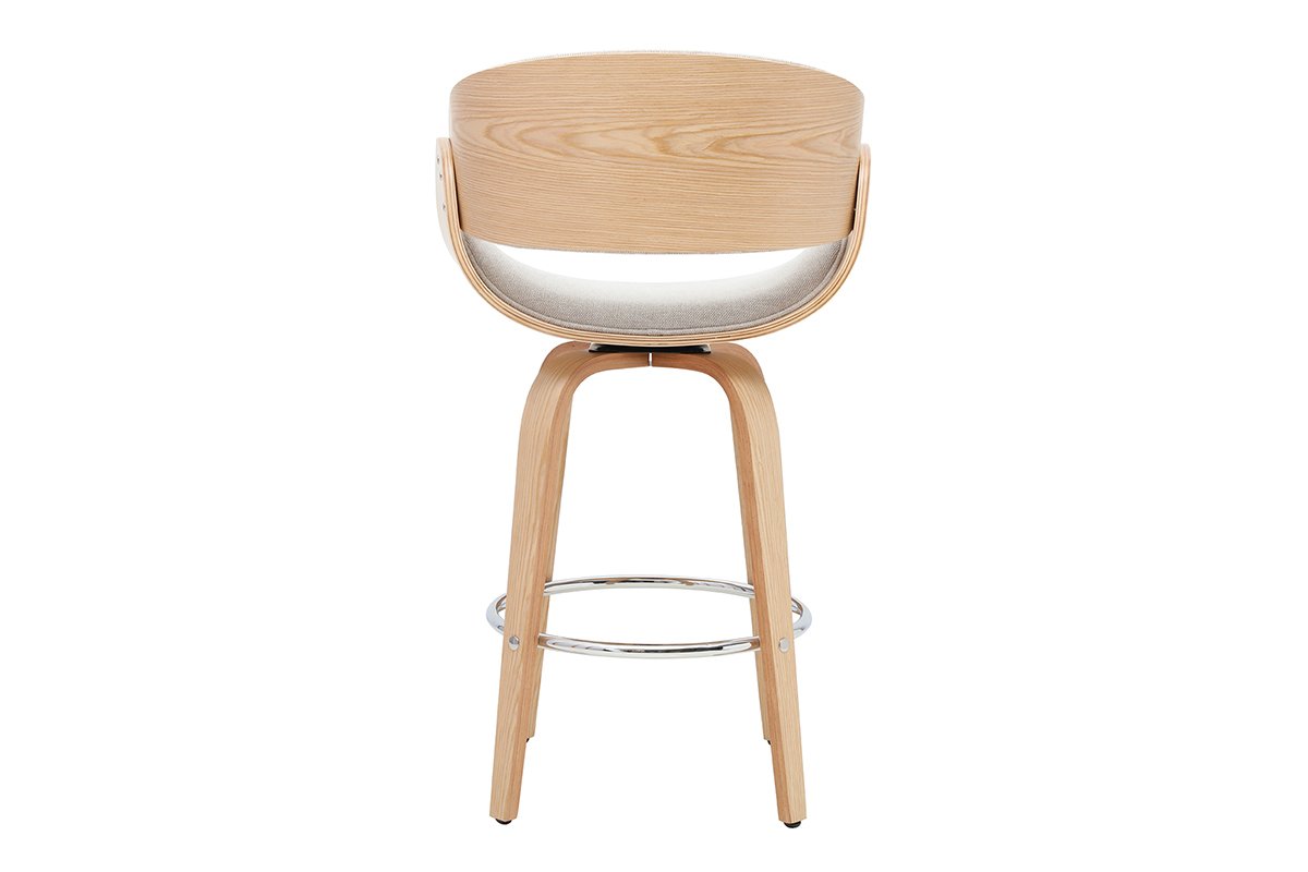 Taburete de bar giratorio en tejido beige y madera clara, vista trasera.