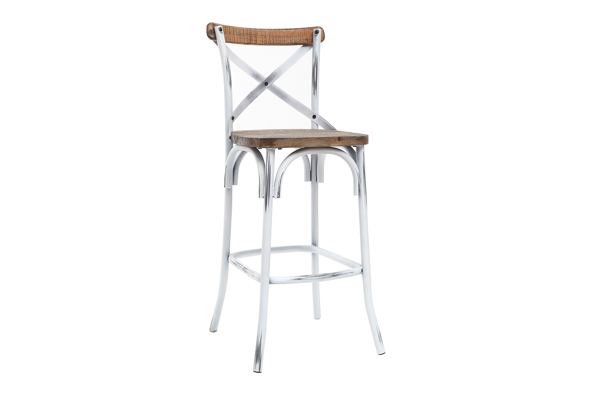 Taburete de bar industrial en madera y metal  envejecido blanco 75 cm JAKE