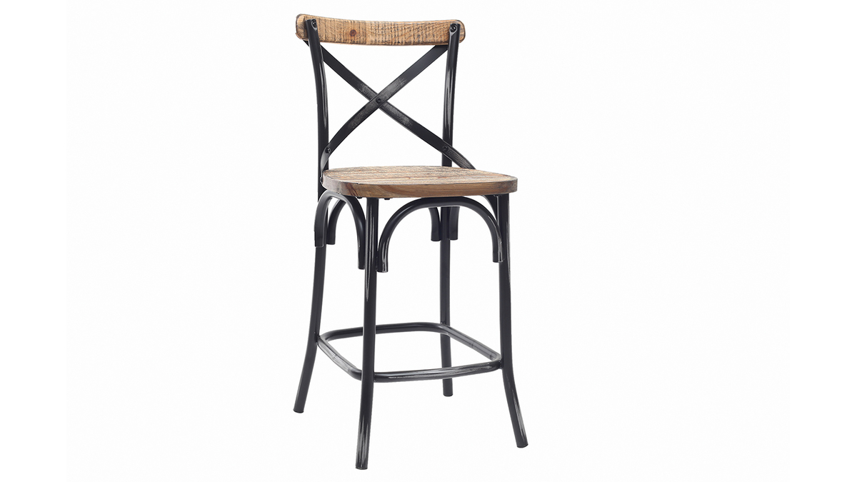 Taburete de bar industrial en madera y metal envejecido negro 65 cm JAKE