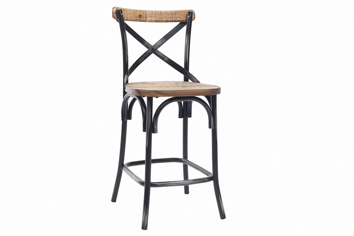 Taburete de bar industrial en madera y metal envejecido negro 65 cm JAKE
