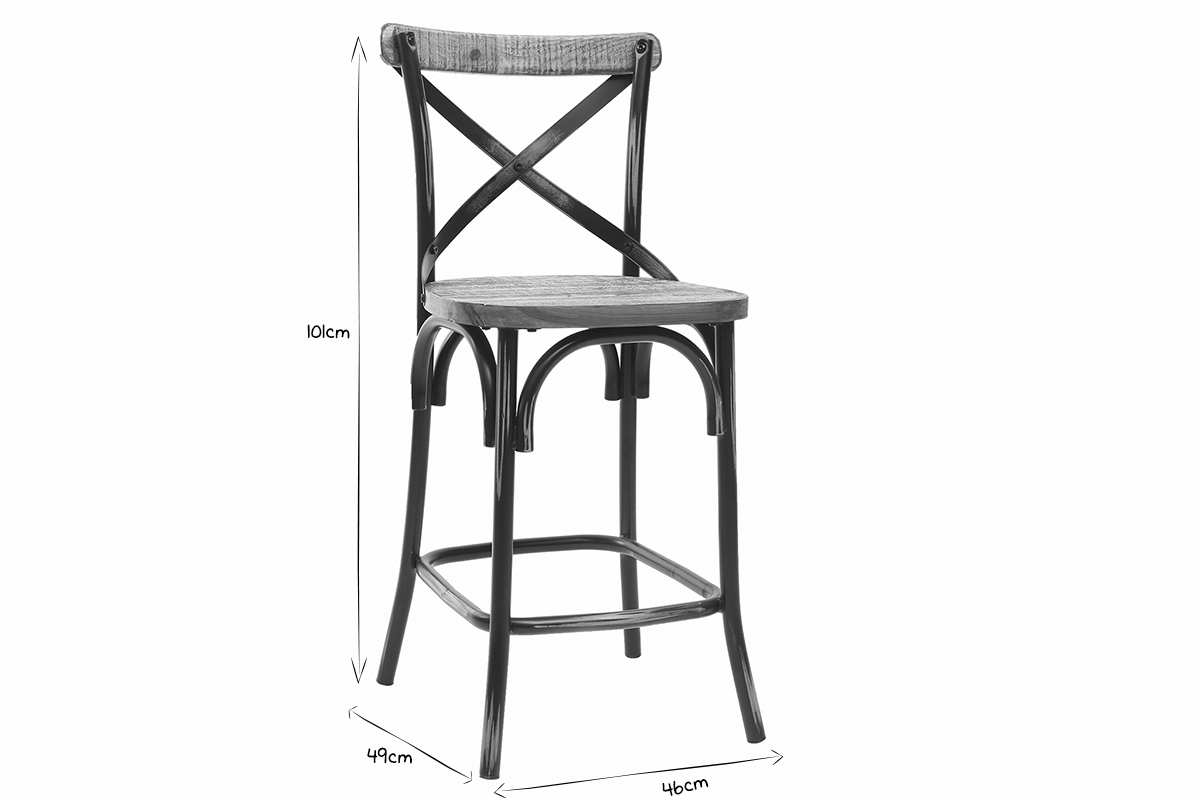 Dimensiones del taburete de bar industrial JAKE en negro y blanco, altura 101 cm, asiento 49 cm, profundidad 46 cm.