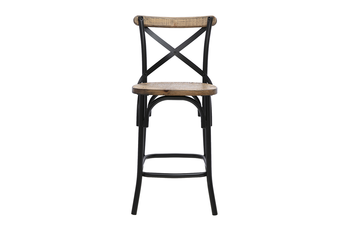 Taburete de bar industrial JAKE de madera y metal, vista frontal, altura 65 cm