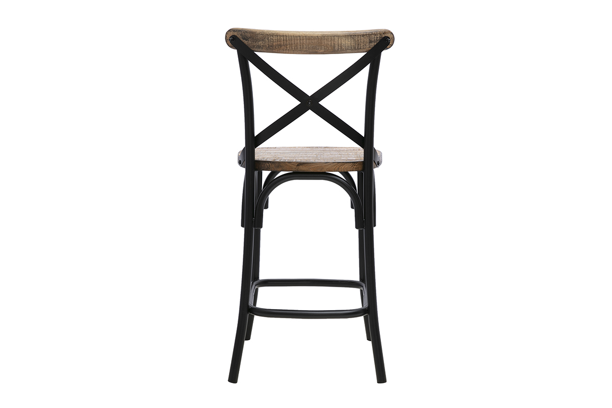 Taburete de bar industrial de madera y metal negro, vista trasera, altura 65 cm.