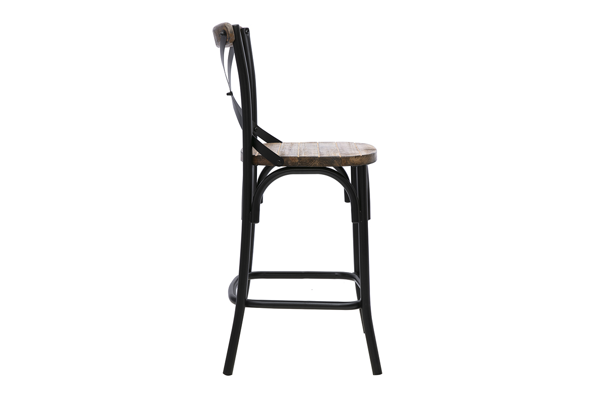 Taburete de bar industrial JAKE de madera y metal negro, vista de perfil