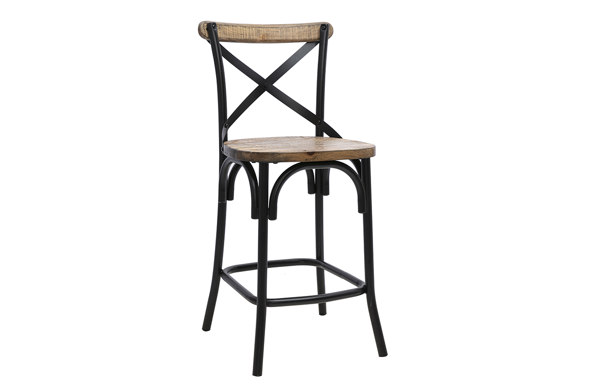 Taburete de bar industrial JAKE en madera y metal negro, vista de 3/4, altura de 65 cm