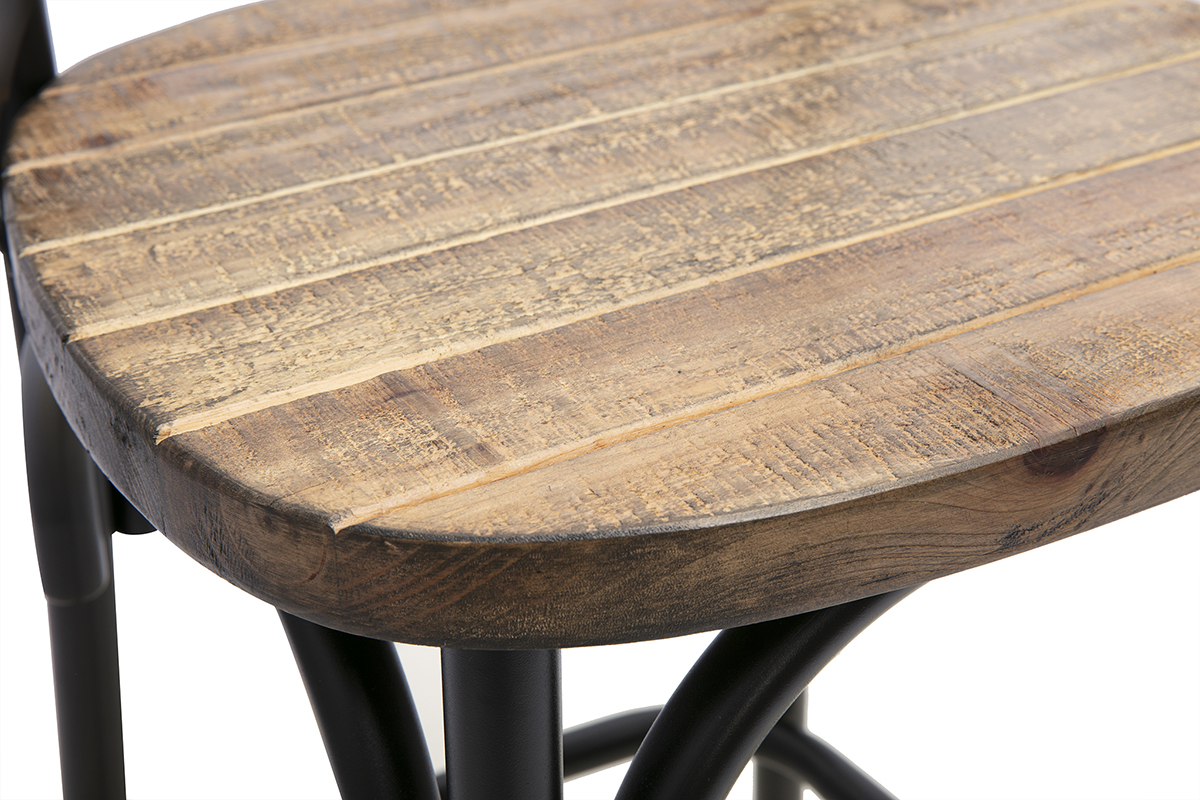 Detalle del taburete de bar JAKE, asiento de madera vintage y estructura de metal negro