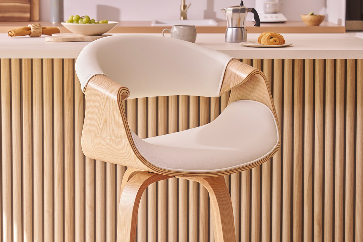 Taburete de bar moderno blanco y madera clara 65 cm ARAMIS