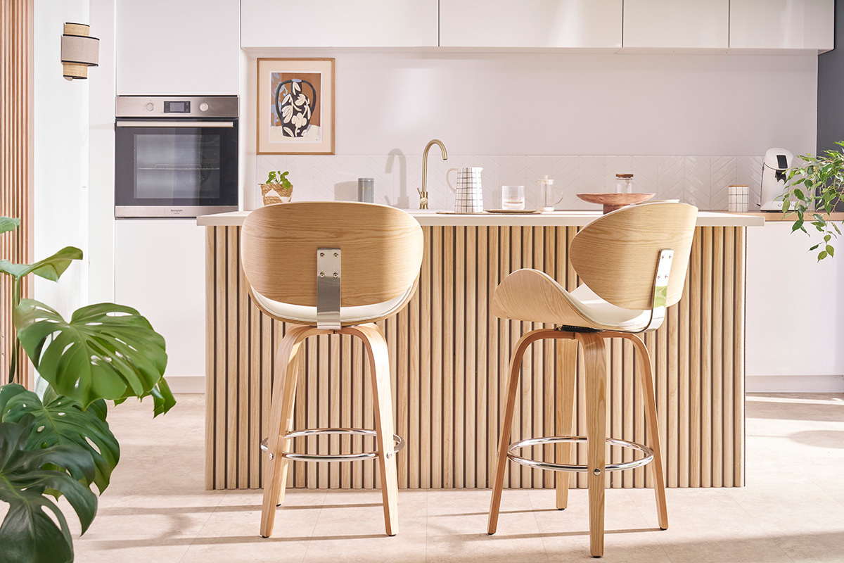 Taburete de bar moderno blanco y madera clara 65 cm WALNUT