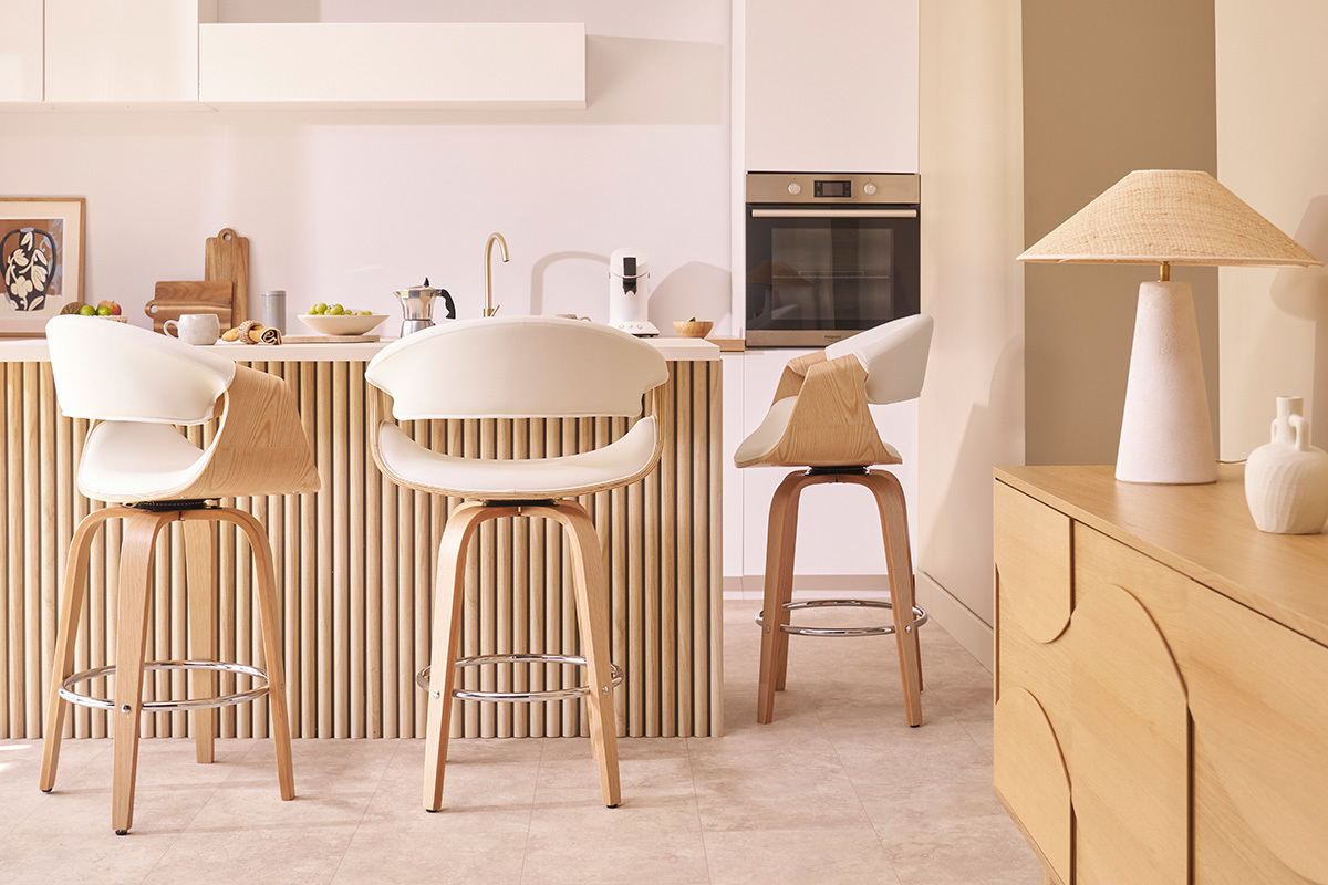 Taburete de bar moderno blanco y madera clara 68 cm ARAMIS