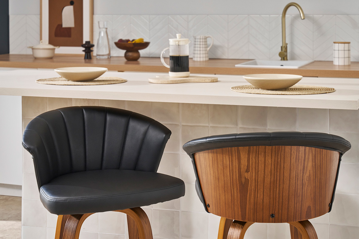 Taburete de bar moderno giratorio negro y madera oscura A65cm ALBIN