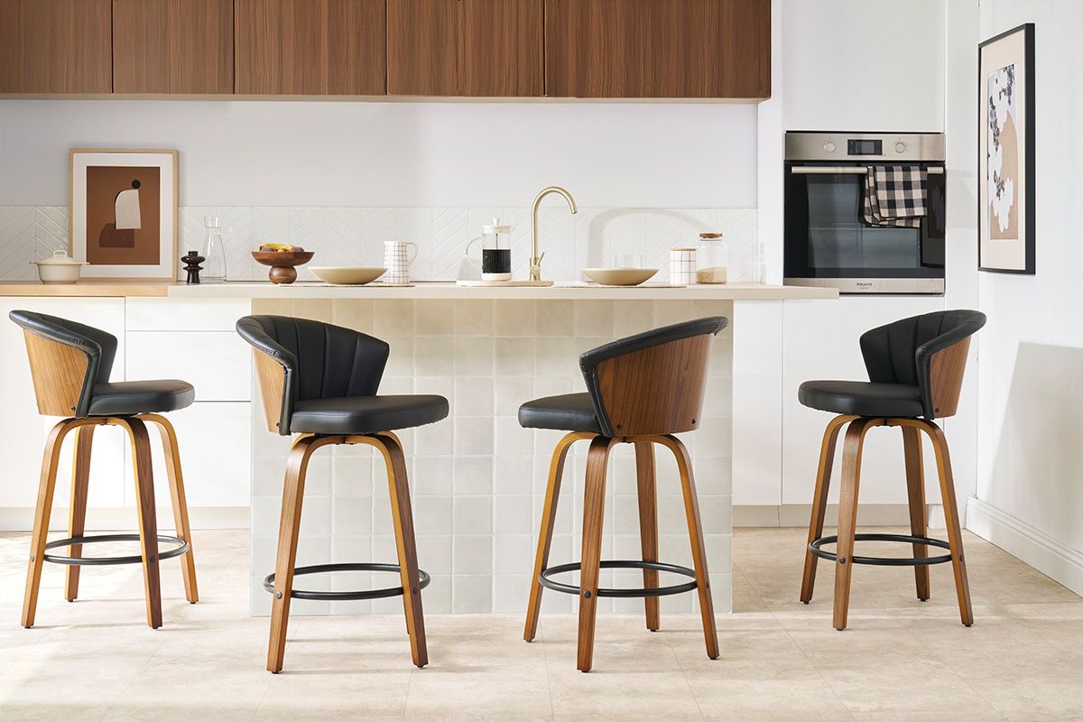 Taburete de bar moderno giratorio negro y madera oscura A65cm ALBIN